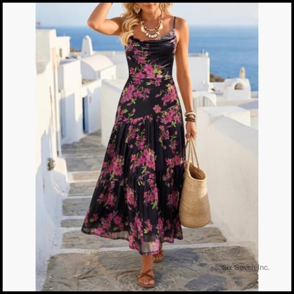 Mesh Spaghetti Strap Maxi Dress Floral Boho Beach Wedding Guest - Picture 2 of 7